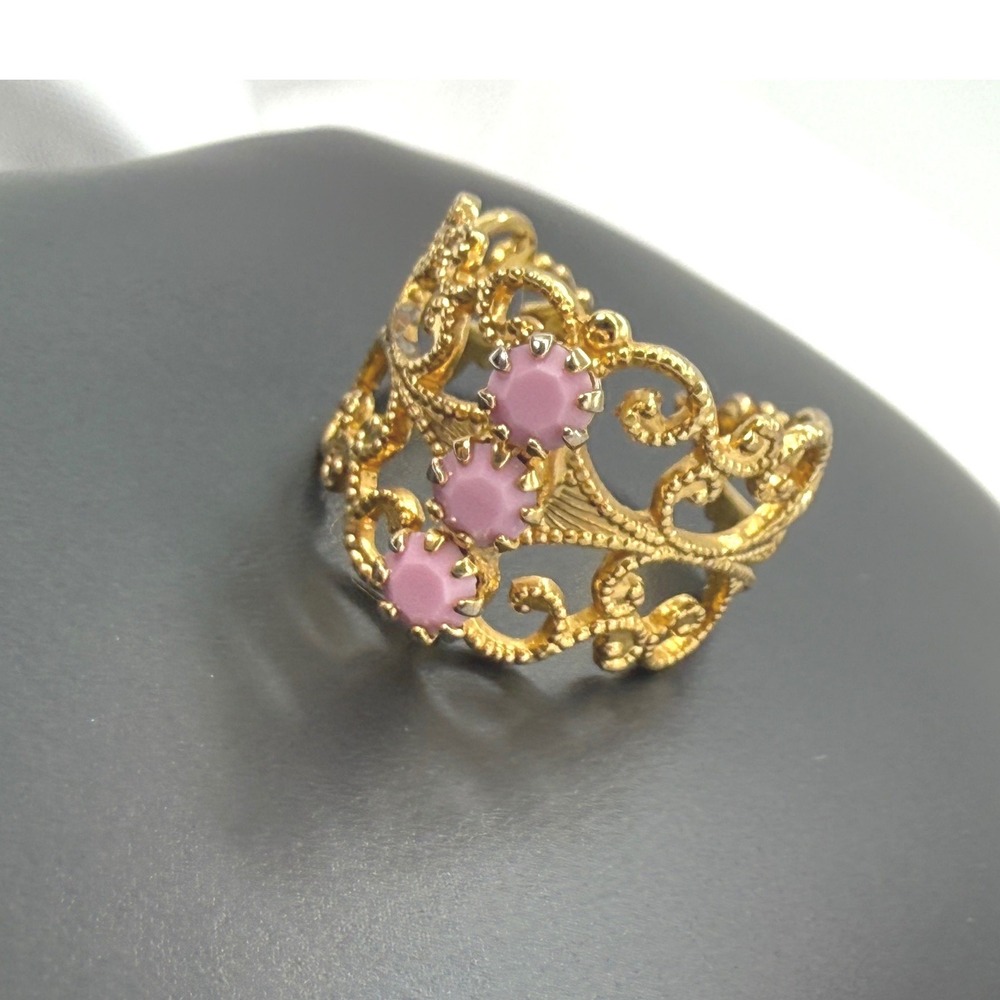 Vintage Gold Tone Filigree Wide Band Ring Pink Princess Adjustable Statement